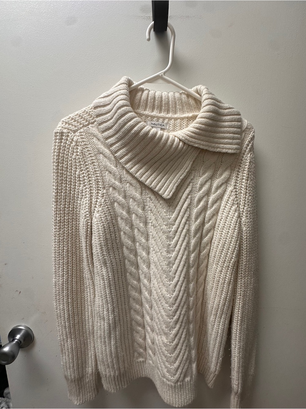Nautica Cream Cable-Knit Fold-Over Collar Sweater